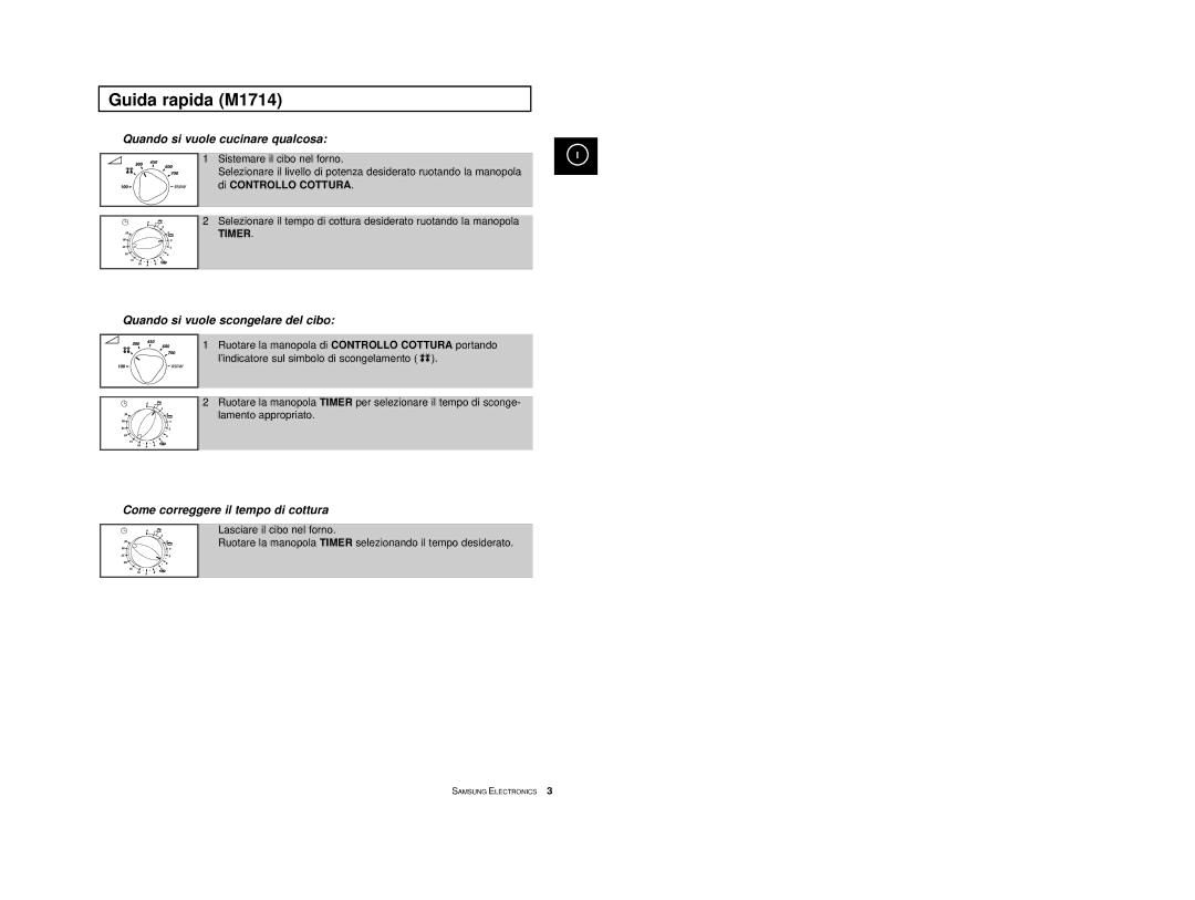 Samsung M1774 manual Guida rapida M1714, Di Controllo Cottura 