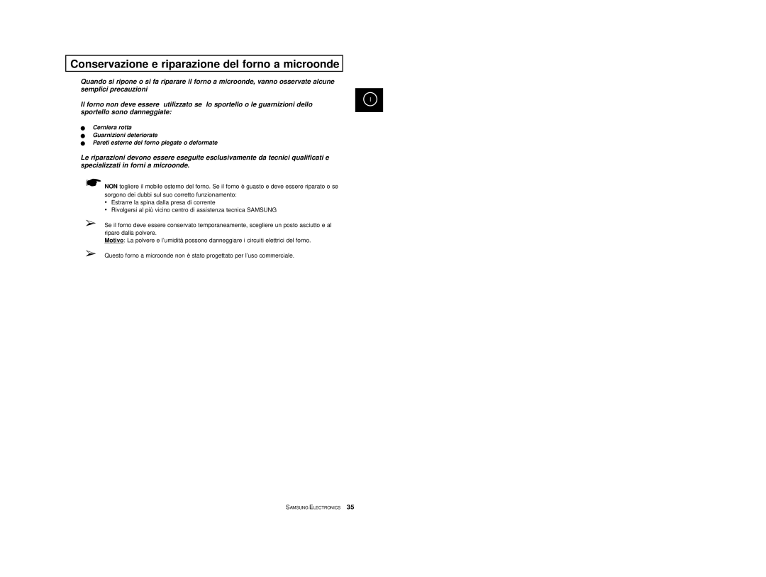 Samsung M1714, M1774 manual Conservazione e riparazione del forno a microonde 