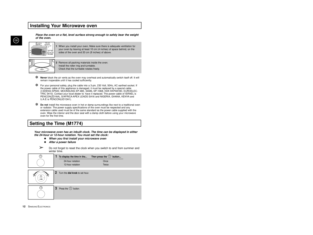 Samsung M1714 manual Installing Your Microwave oven, Setting the Time M1774, To display the time Then press Button 