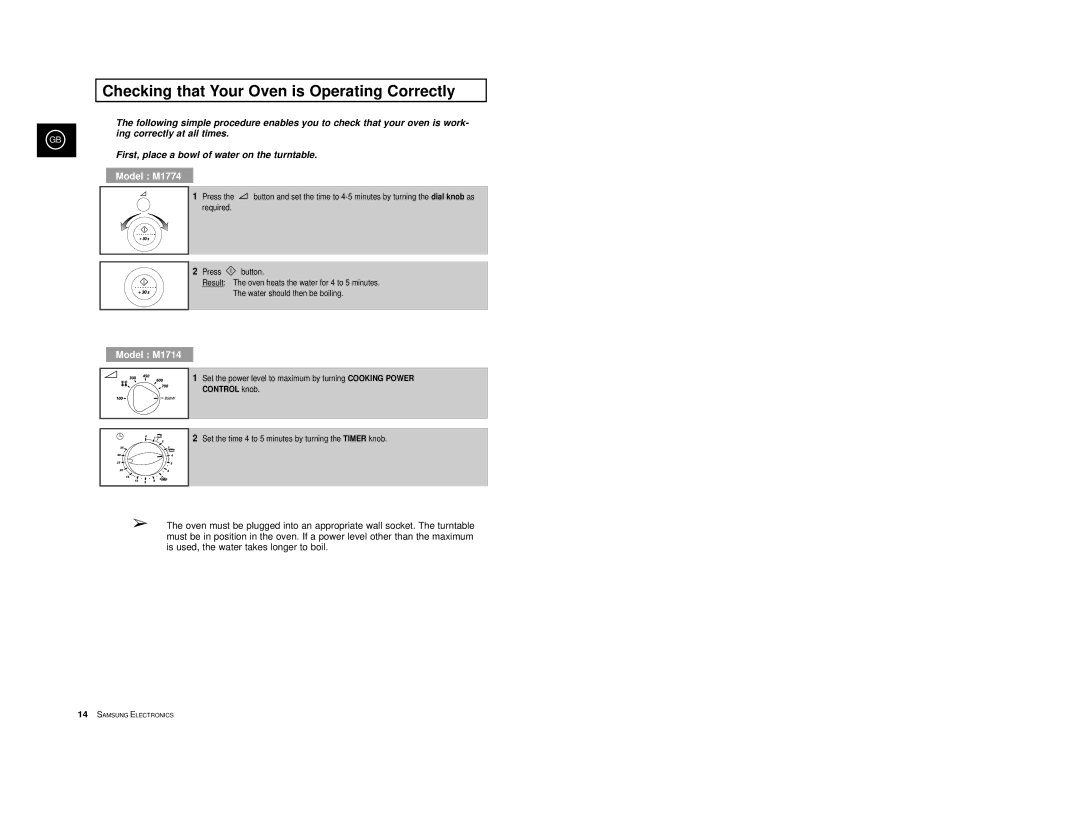 Samsung M1714 manual Checking that Your Oven is Operating Correctly, Model M1774 