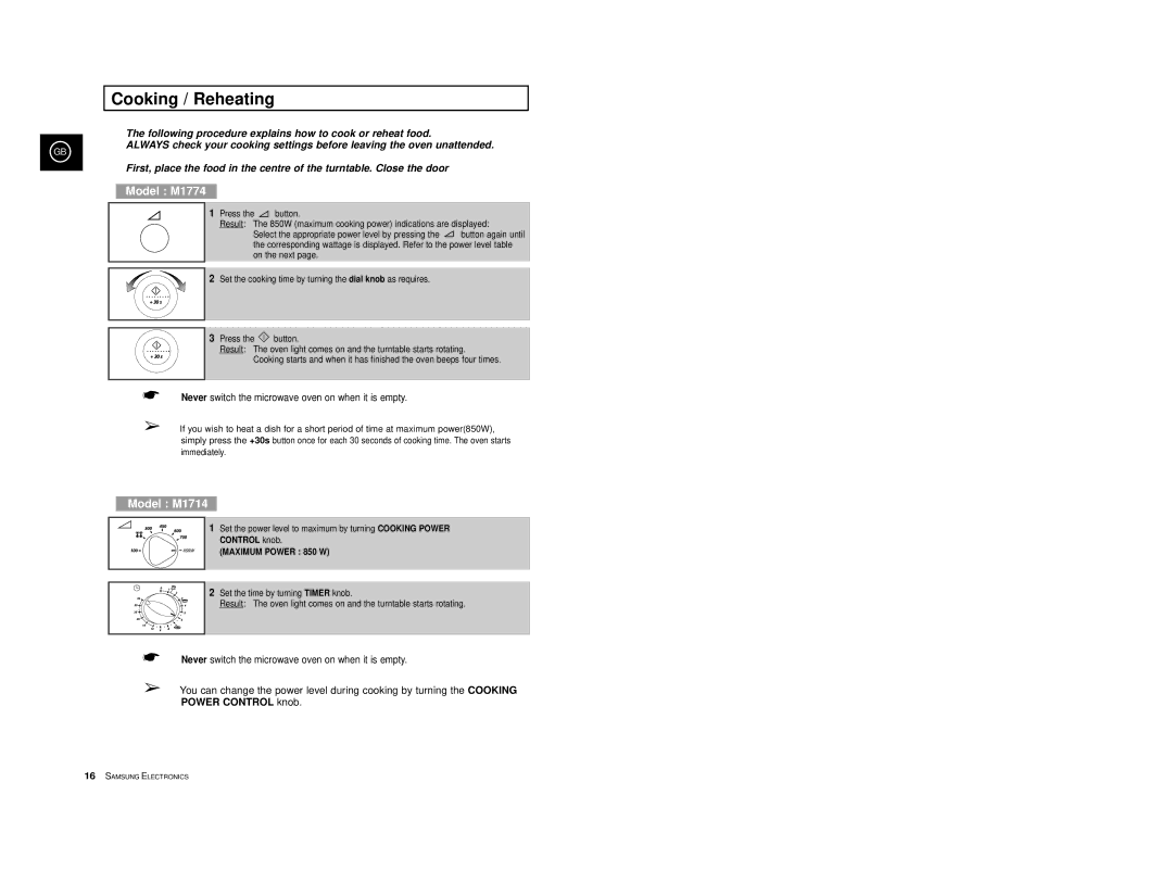 Samsung M1714, M1774 manual Cooking / Reheating, Control knob 