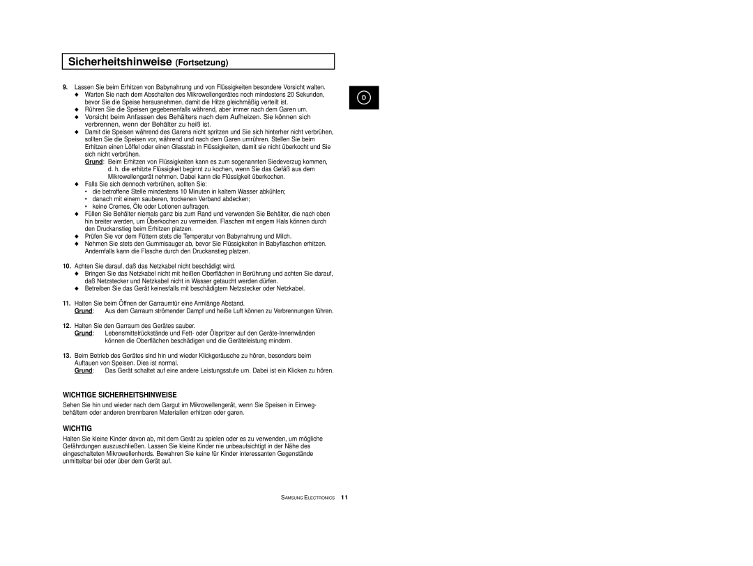 Samsung M1774-V/LIB, M1774/XEG, M1714/XEG, M1774-M/XEG manual Sicherheitshinweise Fortsetzung, Wichtige Sicherheitshinweise 