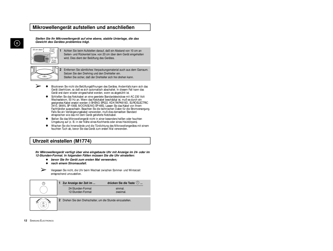 Samsung M1774/LIB manual Mikrowellengerät aufstellen und anschließen, Uhrzeit einstellen M1774, Zur Anzeige der Zeit im 