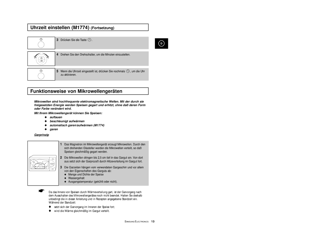 Samsung M1774-1/LIB, M1774/XEG, M1714/XEG manual Uhrzeit einstellen M1774 Fortsetzung, Funktionsweise von Mikrowellengeräten 