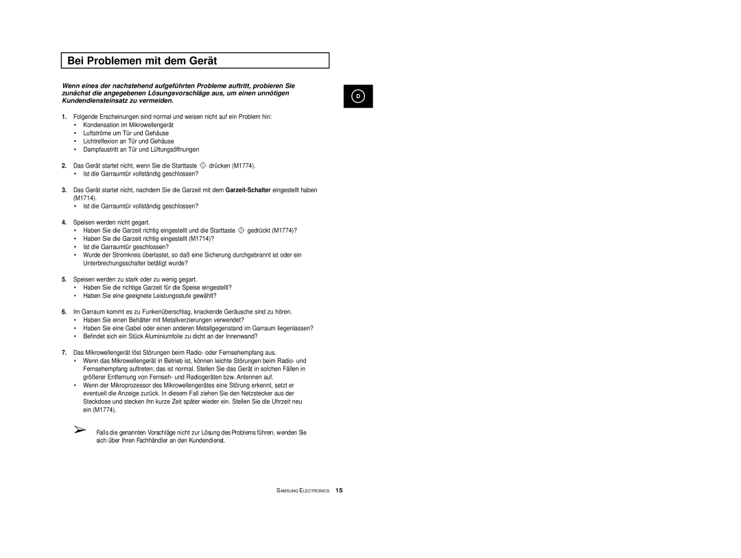 Samsung M1774-M/LIB, M1774/XEG, M1714/XEG, M1774-M/XEG, M1774-C/XEG, M1774/XEH, M1774/BOL, M1714/BOL Bei Problemen mit dem Gerät 