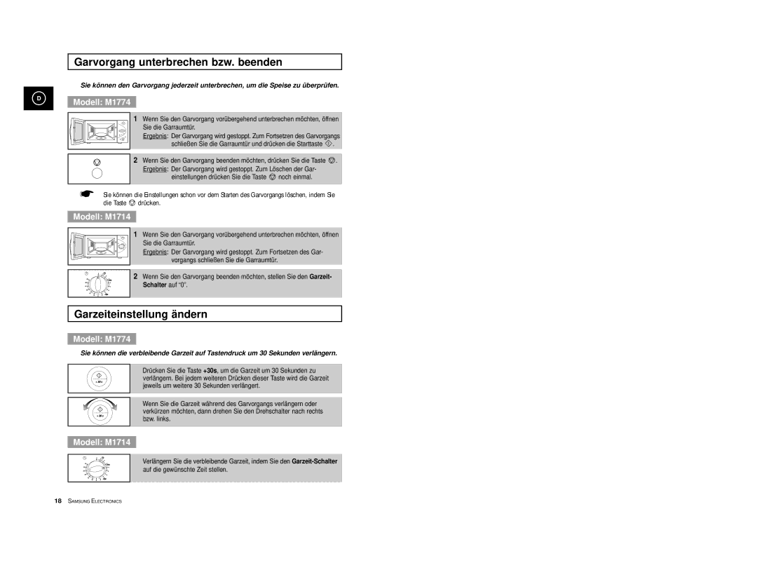 Samsung M1774/XEO, M1774/XEG, M1714/XEG, M1774-M/XEG manual Garvorgang unterbrechen bzw. beenden, Garzeiteinstellung ändern 