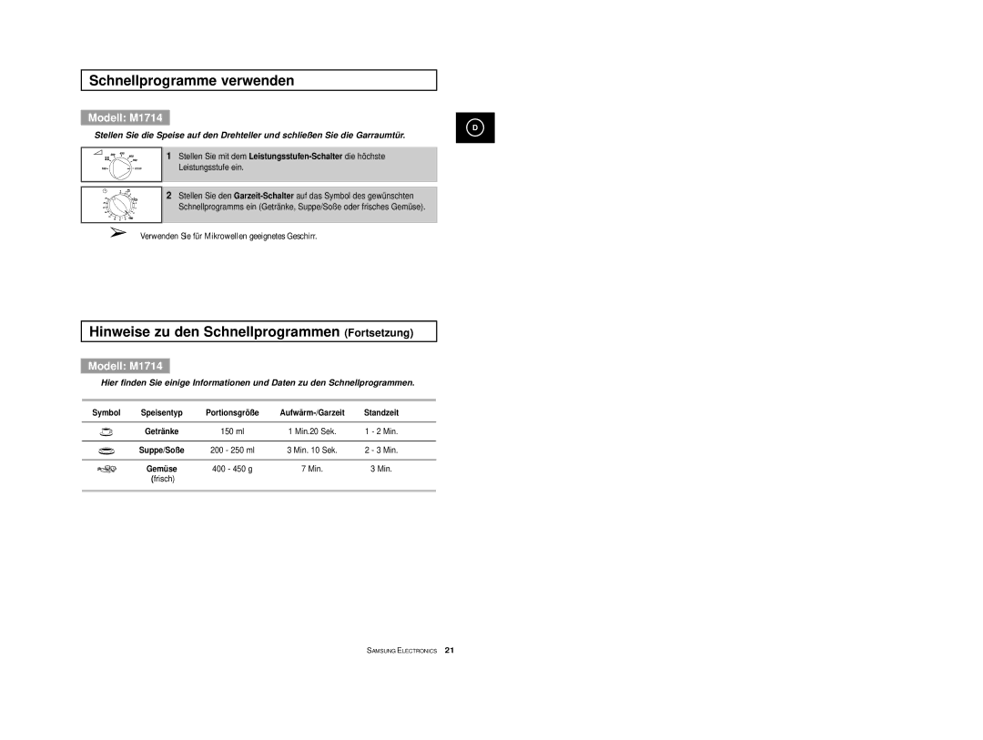 Samsung M1774-M/XEG Schnellprogramme verwenden, Hinweise zu den Schnellprogrammen Fortsetzung, Symbol, Aufwärm-/Garzeit 