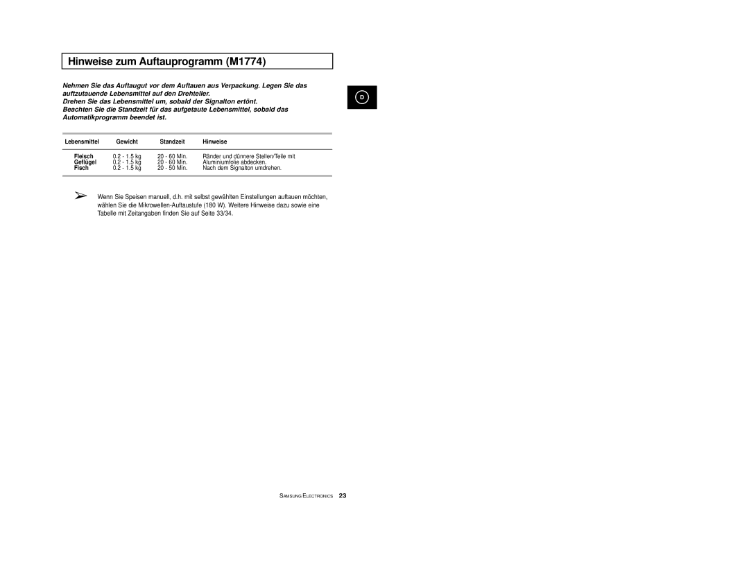 Samsung M1774/XEH, M1774/XEG, M1714/XEG, M1774-M/XEG, M1774-C/XEG, M1774/BOL, M1714/BOL manual Hinweise zum Auftauprogramm M1774 