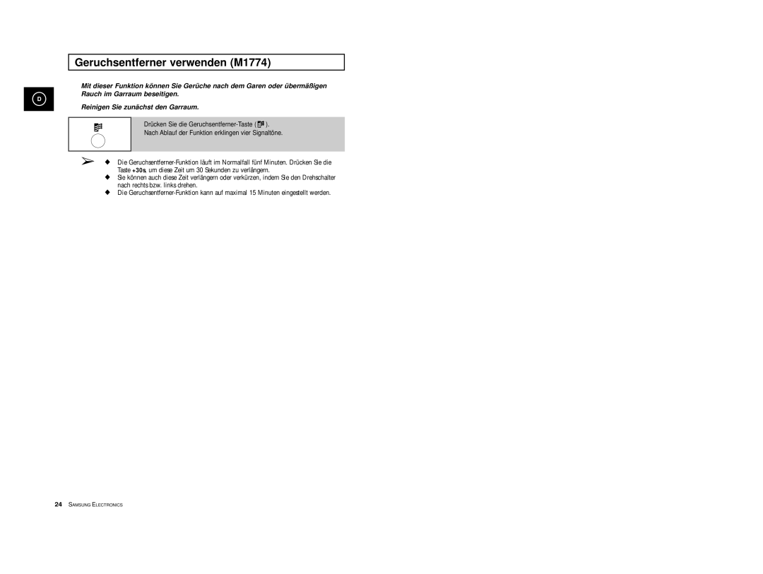 Samsung M1774/BOL, M1774/XEG, M1714/XEG, M1774-M/XEG, M1774-C/XEG, M1774/XEH, M1714/BOL manual Geruchsentferner verwenden M1774 