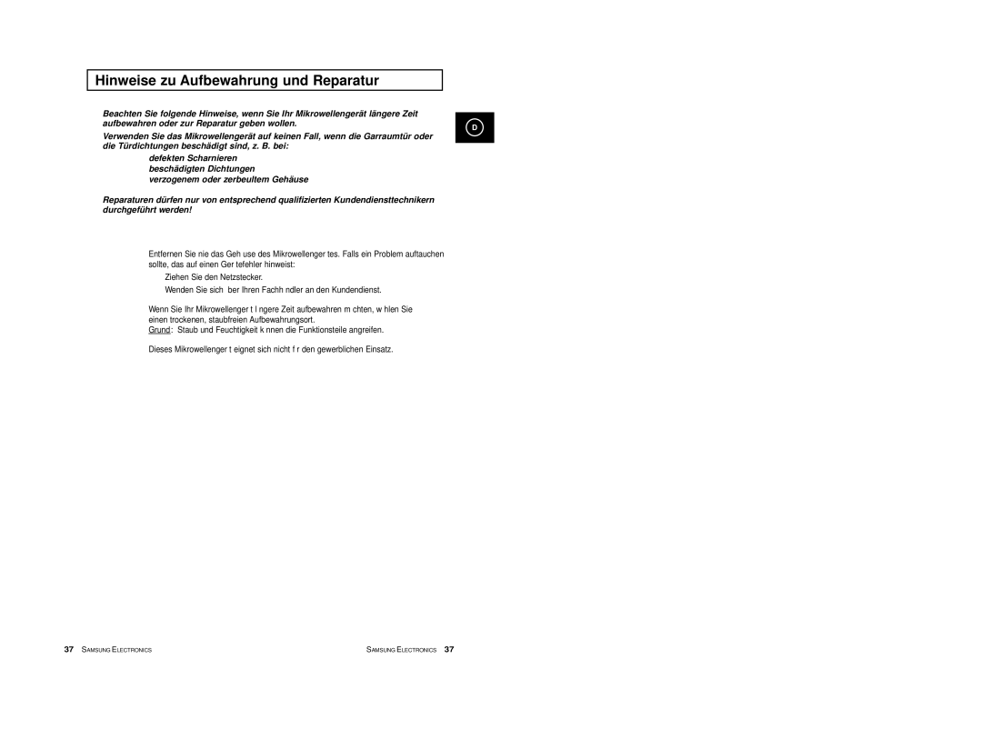 Samsung M1774/XEO, M1774/XEG, M1714/XEG, M1774-M/XEG, M1774-C/XEG, M1774/XEH, M1774/BOL Hinweise zu Aufbewahrung und Reparatur 