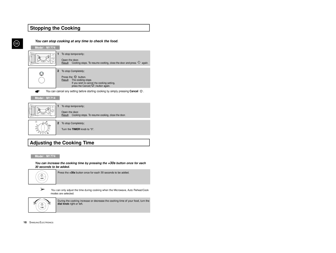 Samsung M1774-1/XEH, M1774/XEH, M1774-1M/LIB, M1714-V/LIB, M1714-M/LIB manual Stopping the Cooking, Adjusting the Cooking Time 