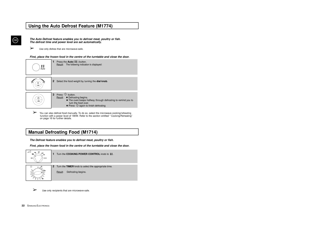 Samsung M1774/XEH, M1774-1M/LIB, M1714-V/LIB, M1714-M/LIB Using the Auto Defrost Feature M1774, Manual Defrosting Food M1714 