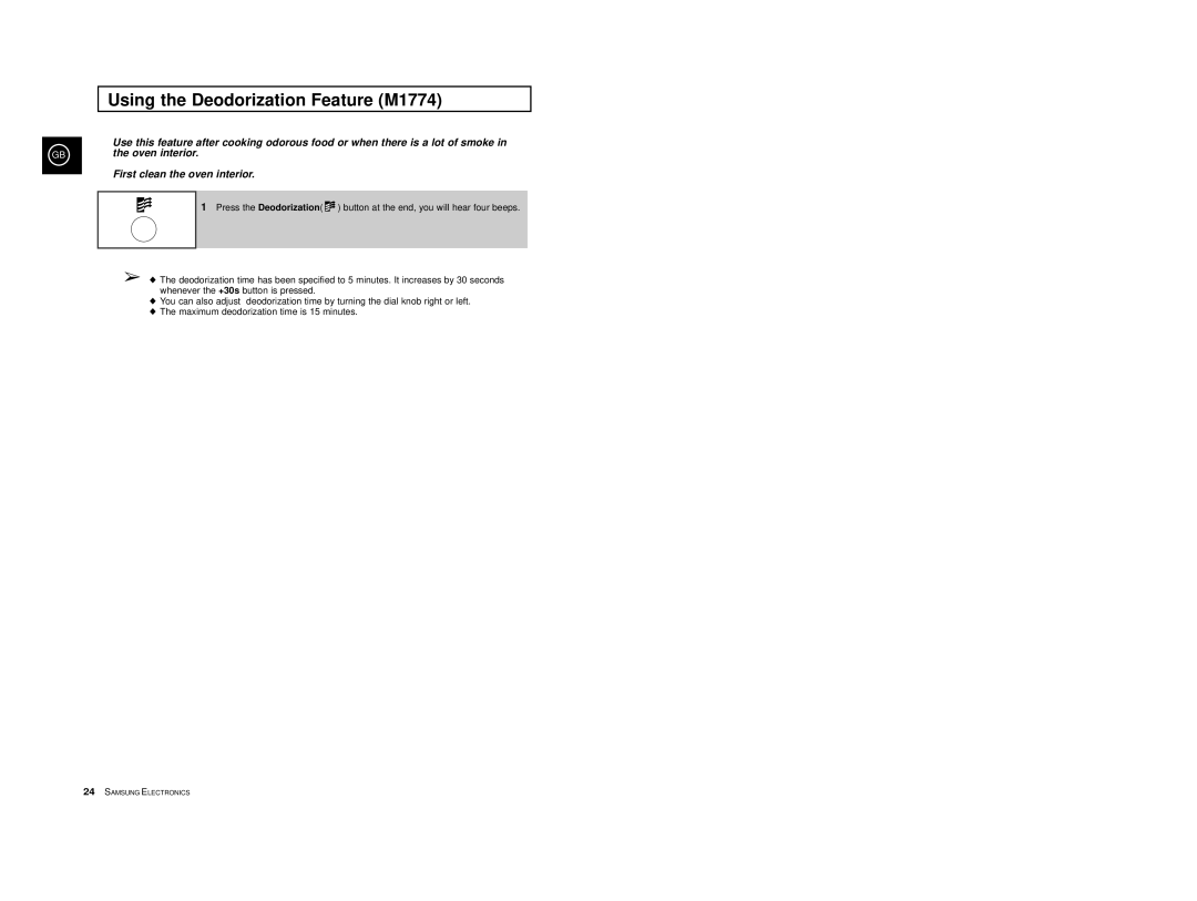 Samsung M1774-1M/LIB, M1774/XEH, M1714-V/LIB, M1714-M/LIB, M1774-V/LIB, M1774/LIB manual Using the Deodorization Feature M1774 