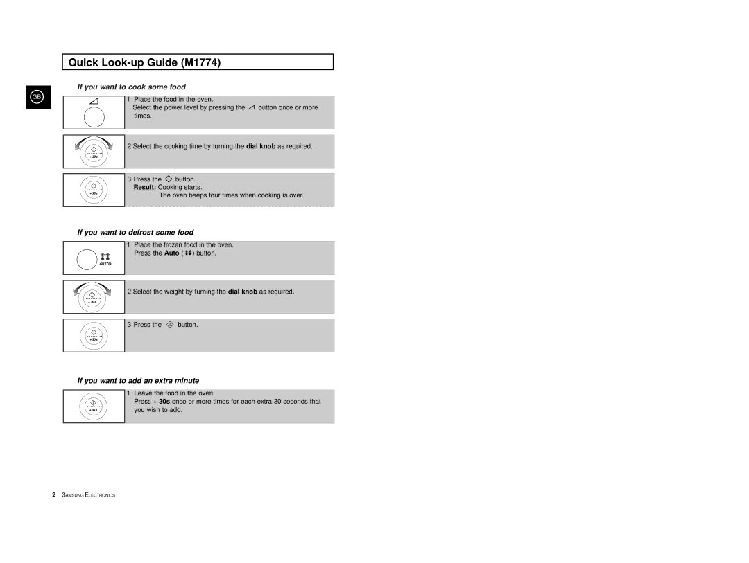 Samsung M1714-V/LIB, M1774/XEH, M1774-1M/LIB, M1714-M/LIB, M1774/LIB Quick Look-up Guide M1774, If you want to cook some food 