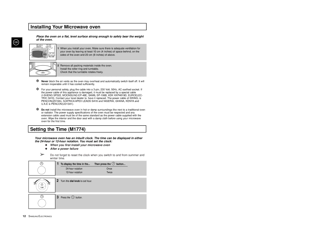 Samsung M1774-1V/LIB manual Installing Your Microwave oven, Setting the Time M1774, To display the time Then press Button 