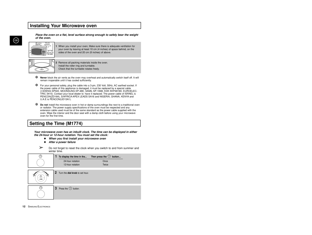 Samsung M1714-M/LIB manual Installing Your Microwave oven, Setting the Time M1774, To display the time Then press Button 