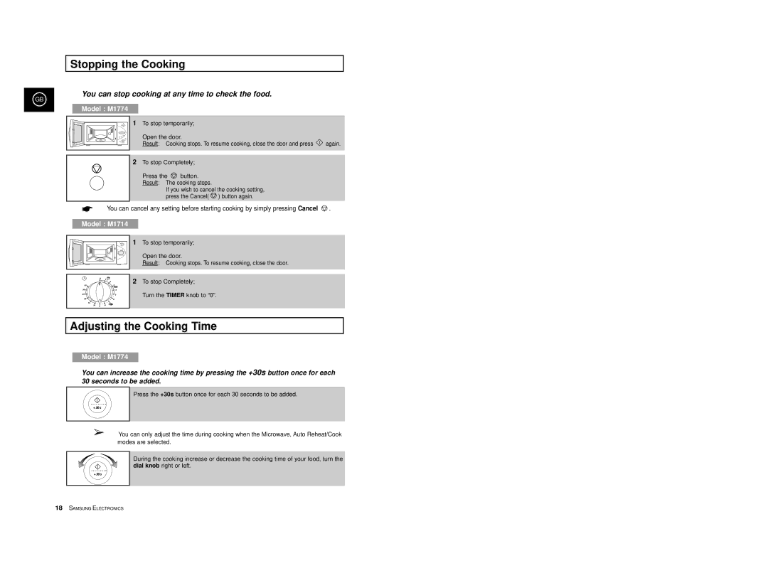 Samsung M1714/XEH, M1774/XEH, M1774/XEC, M1714/XEC, M1714-D/XEC, M1714-GR/XEC Stopping the Cooking, Adjusting the Cooking Time 