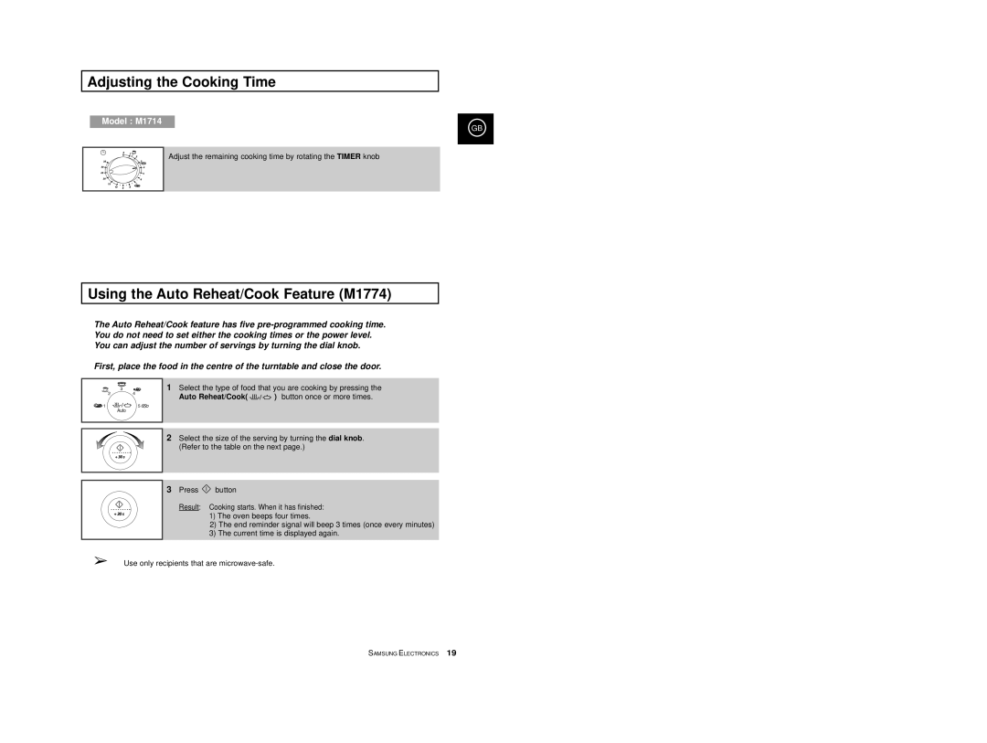 Samsung M1774-1/XEH, M1774/XEH, M1774/XEC, M1714/XEC, M1714-D/XEC, M1714-GR/XEC manual Using the Auto Reheat/Cook Feature M1774 