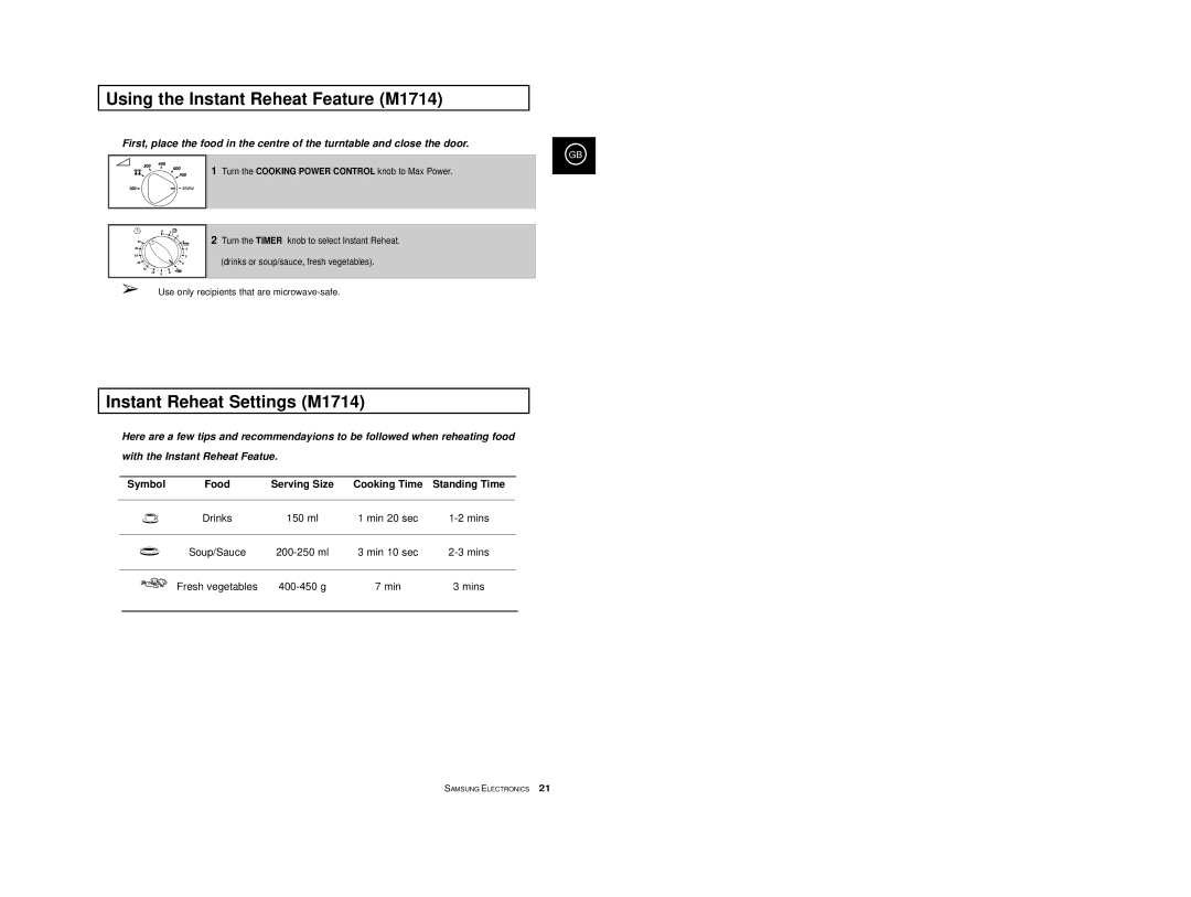 Samsung M1774/XEH, M1774/XEC, M1714/XEC, M1714-D/XEC Using the Instant Reheat Feature M1714, Instant Reheat Settings M1714 