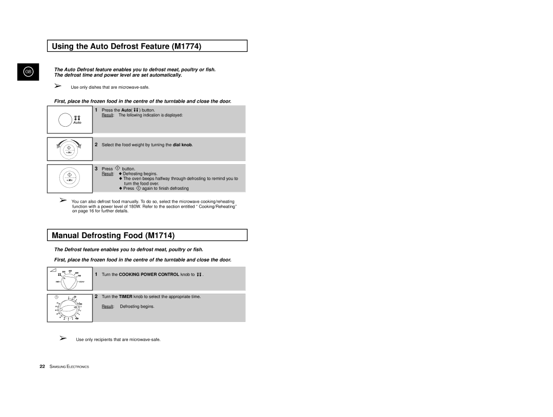 Samsung M1774/XEC, M1774/XEH, M1714/XEC, M1714-D/XEC manual Using the Auto Defrost Feature M1774, Manual Defrosting Food M1714 