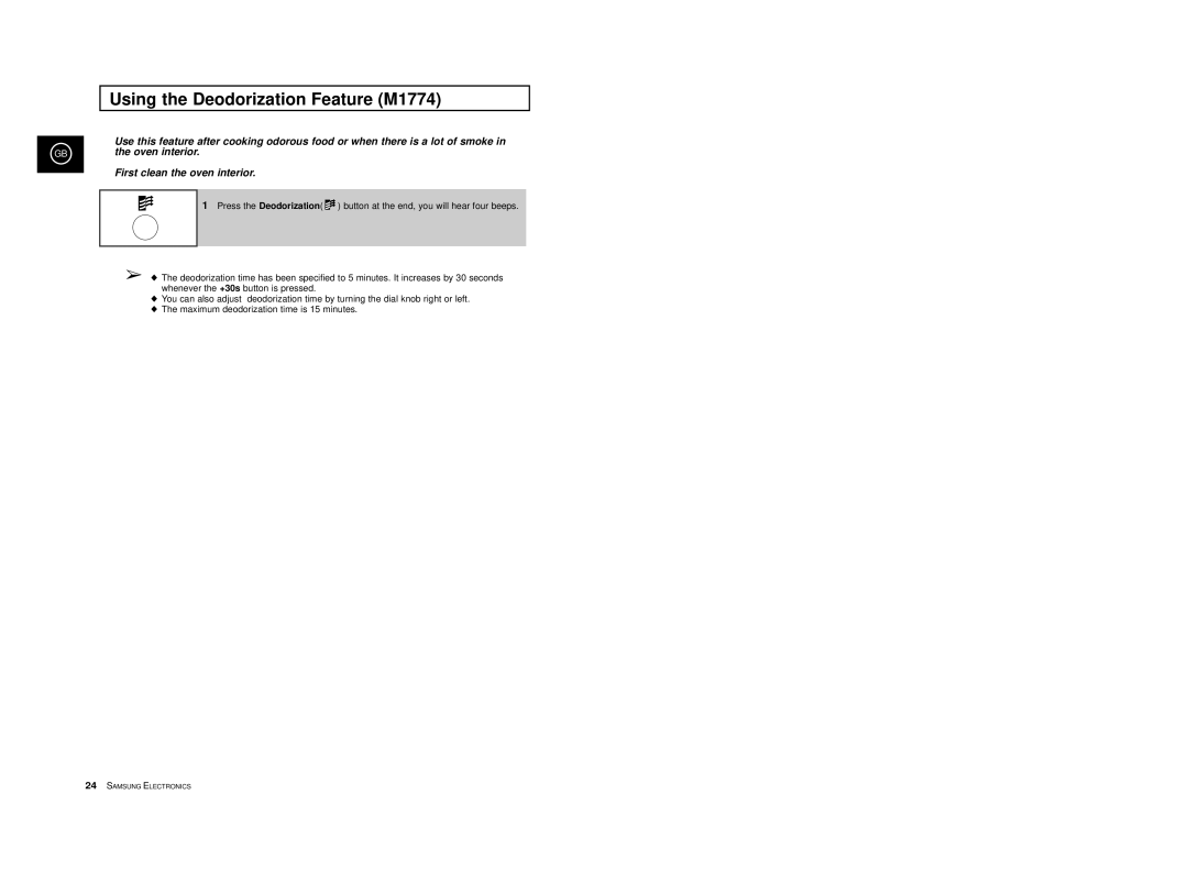 Samsung M1714-D/XEC, M1774/XEH, M1774/XEC, M1714/XEC, M1714-GR/XEC, M1714-B/XEC manual Using the Deodorization Feature M1774 