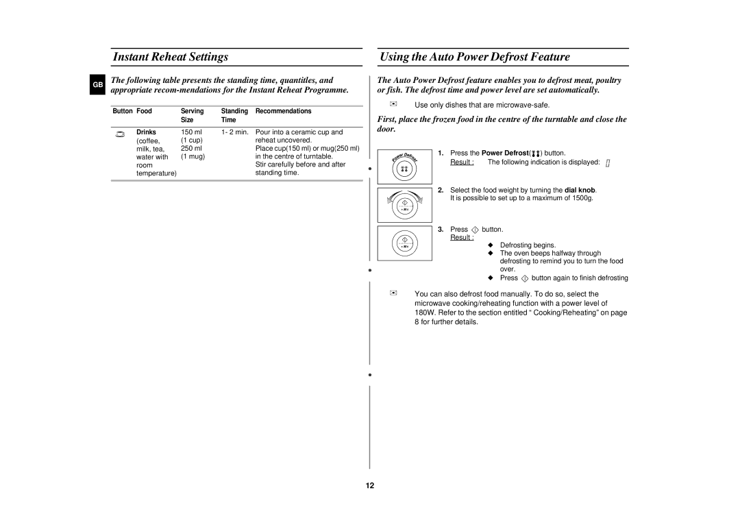 Samsung M1777N/XEE manual Instant Reheat Settings, Using the Auto Power Defrost Feature 