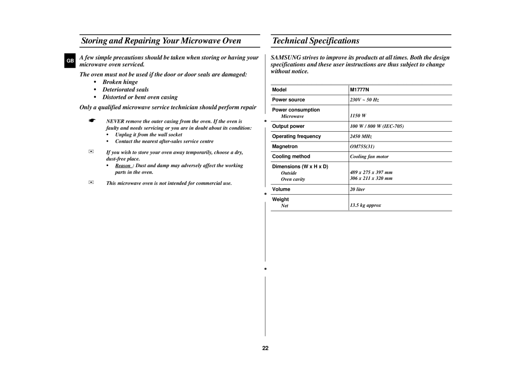 Samsung M1777N/XEE manual Storing and Repairing Your Microwave Oven, Technical Specifications 