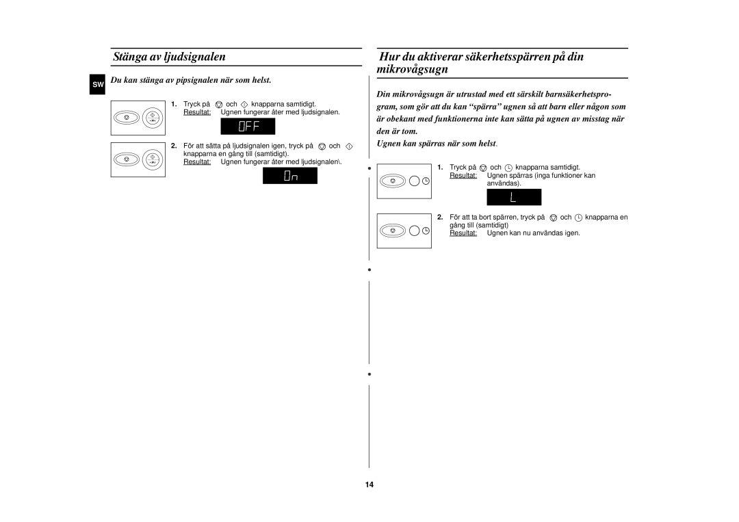 Samsung M1777N/XEE manual Stänga av ljudsignalen, Hur du aktiverar säkerhetsspärren på din mikrovågsugn 