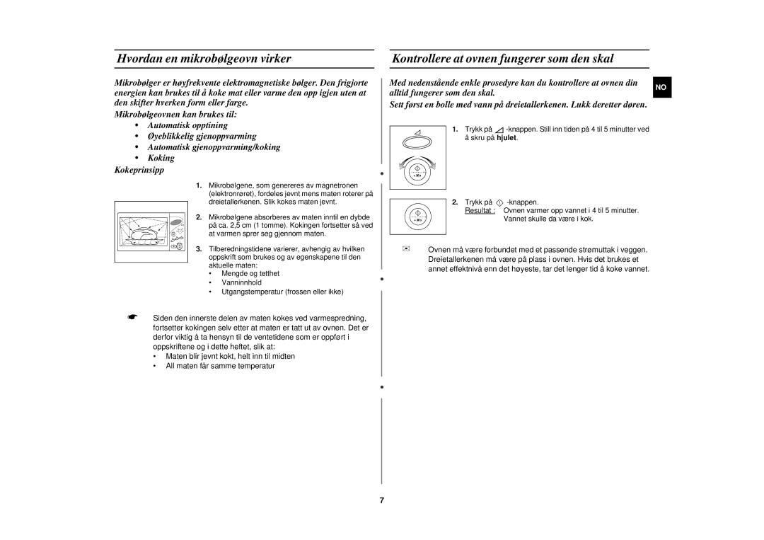Samsung M1777N/XEE manual Hvordan en mikrobølgeovn virker, Kontrollere at ovnen fungerer som den skal 