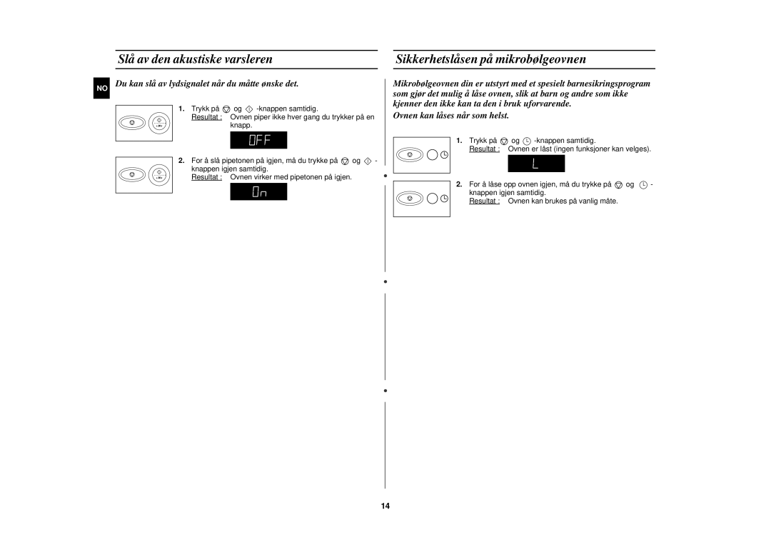 Samsung M1777N/XEE manual Slå av den akustiske varsleren, Sikkerhetslåsen på mikrobølgeovnen 