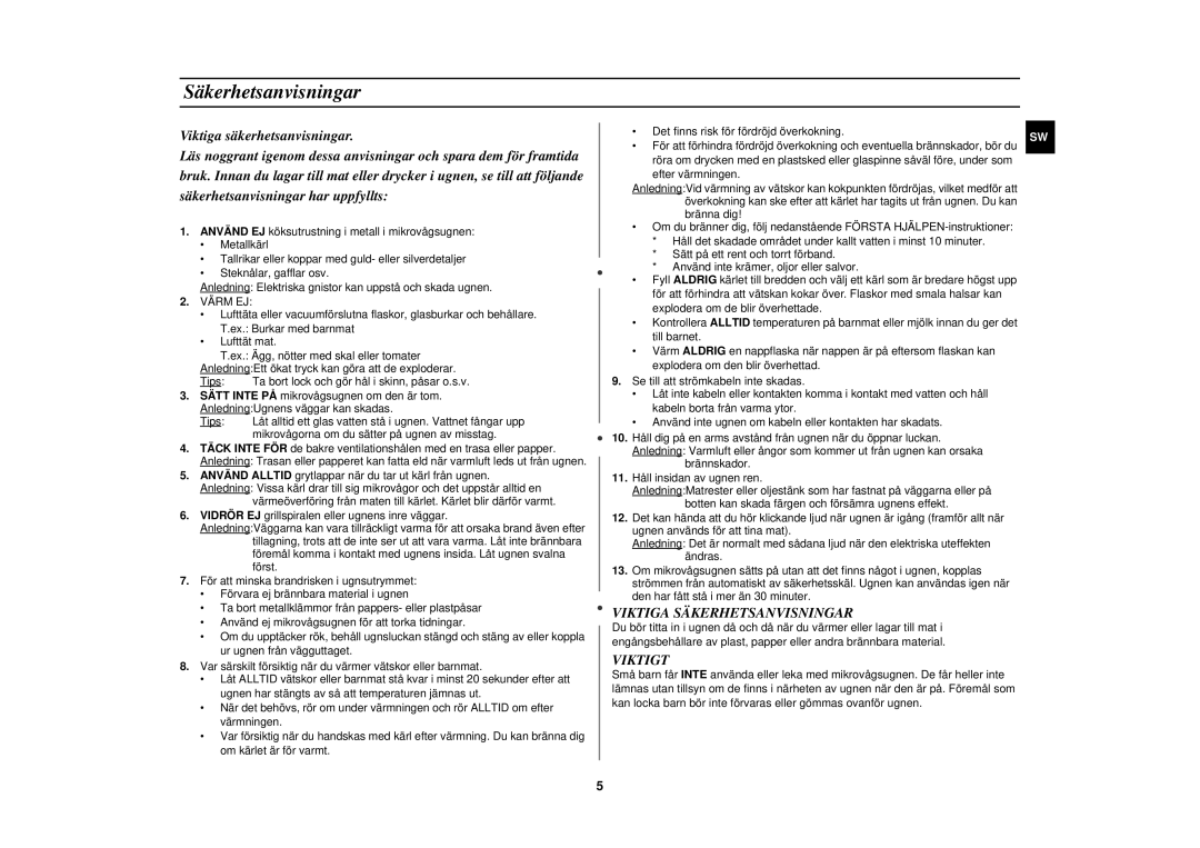 Samsung M1777N/XEE manual Viktiga Säkerhetsanvisningar, Viktigt 