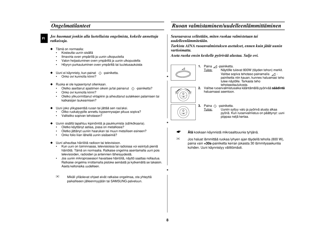 Samsung M1777N/XEE manual Ongelmatilanteet, Ruoan valmistaminen/uudelleenlämmittäminen 