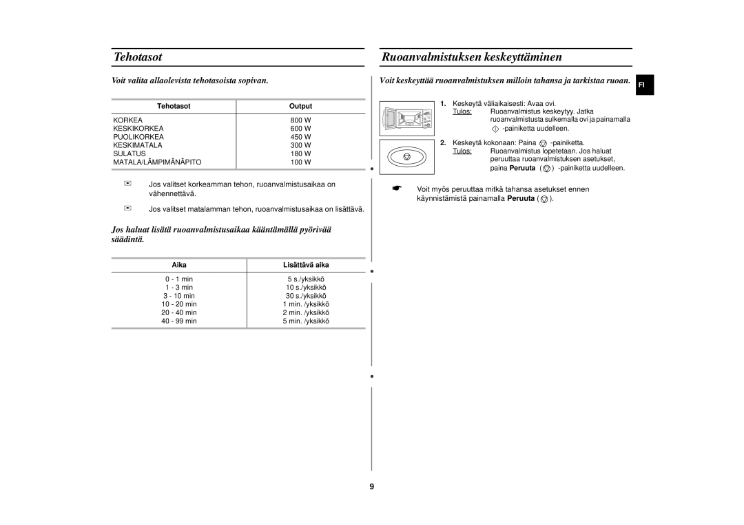 Samsung M1777N/XEE manual Tehotasot, Ruoanvalmistuksen keskeyttäminen, Voit valita allaolevista tehotasoista sopivan 