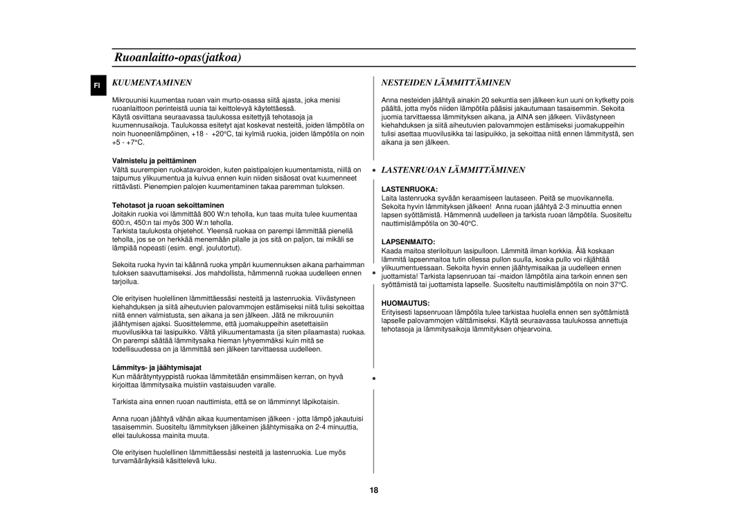 Samsung M1777N/XEE manual Kuumentaminen, Nesteiden Lämmittäminen, Lastenruoan Lämmittäminen 