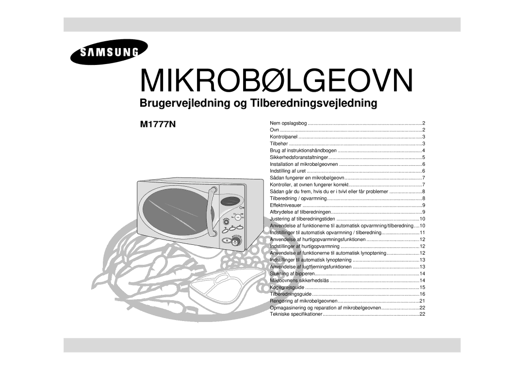 Samsung M1777N/XEE manual Brugervejledning og Tilberedningsvejledning 