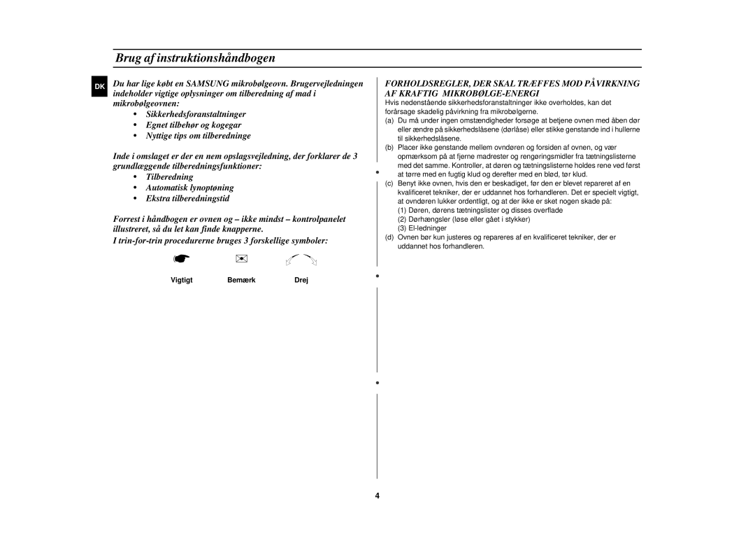 Samsung M1777N/XEE manual Brug af instruktionshåndbogen, Vigtigt Bemærk 