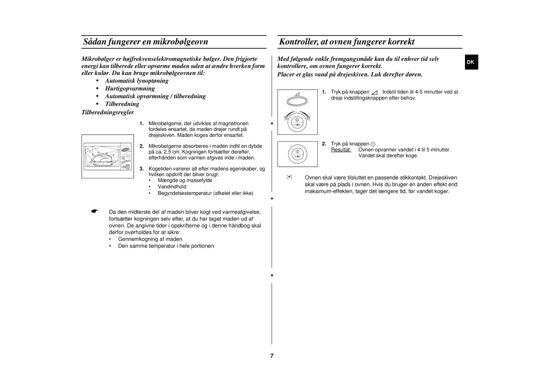 Samsung M1777N/XEE manual Sådan fungerer en mikrobølgeovn, Kontroller, at ovnen fungerer korrekt 