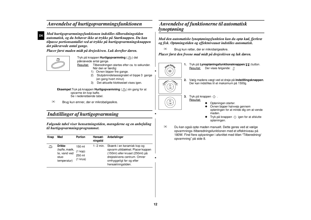 Samsung M1777N/XEE manual Anvendelse af hurtigopvarmningsfunktionen, Indstillinger af hurtigopvarmning 