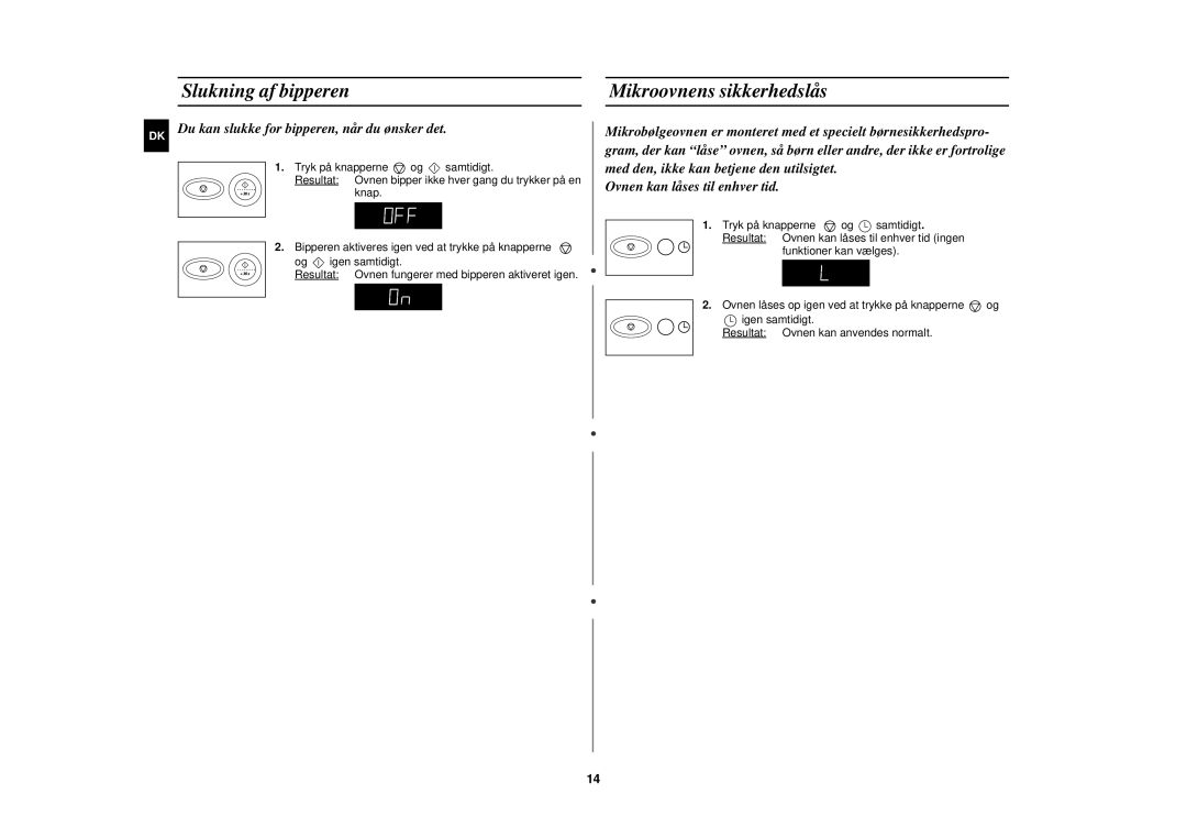 Samsung M1777N/XEE manual Slukning af bipperen Mikroovnens sikkerhedslås, Du kan slukke for bipperen, når du ønsker det 