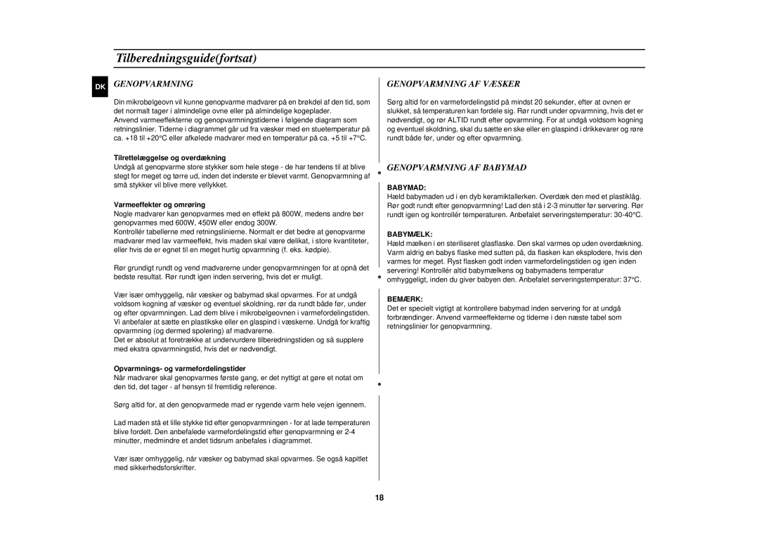 Samsung M1777N/XEE manual Genopvarmning AF Væsker, Genopvarmning AF Babymad 