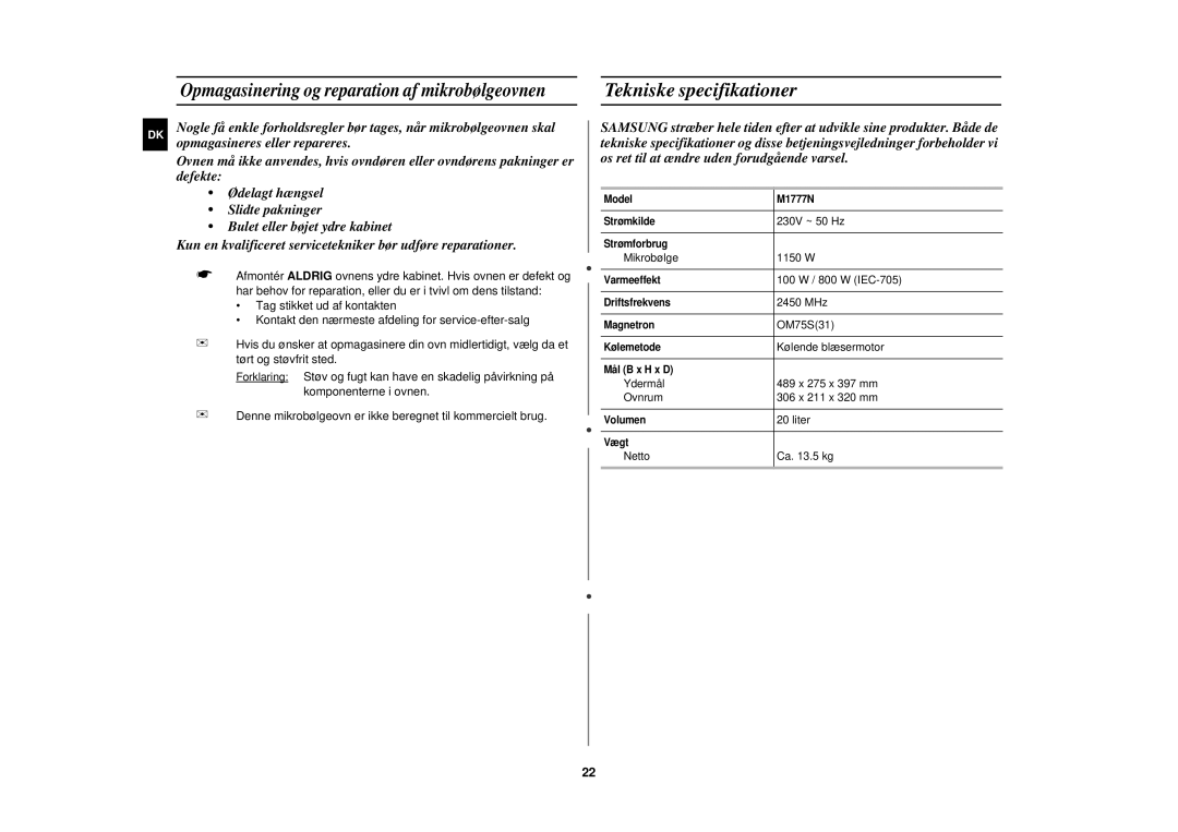 Samsung M1777N/XEE manual Tekniske specifikationer, Opmagasinering og reparation af mikrobølgeovnen 