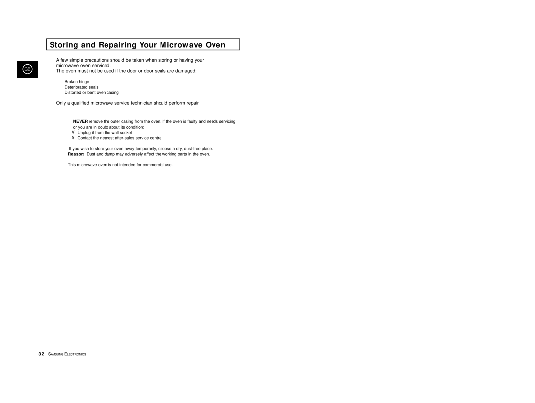 Samsung M1777/XEF, M1777-S/XEN, M1777/XEC, M1777/XEN manual Storing and Repairing Your Microwave Oven 