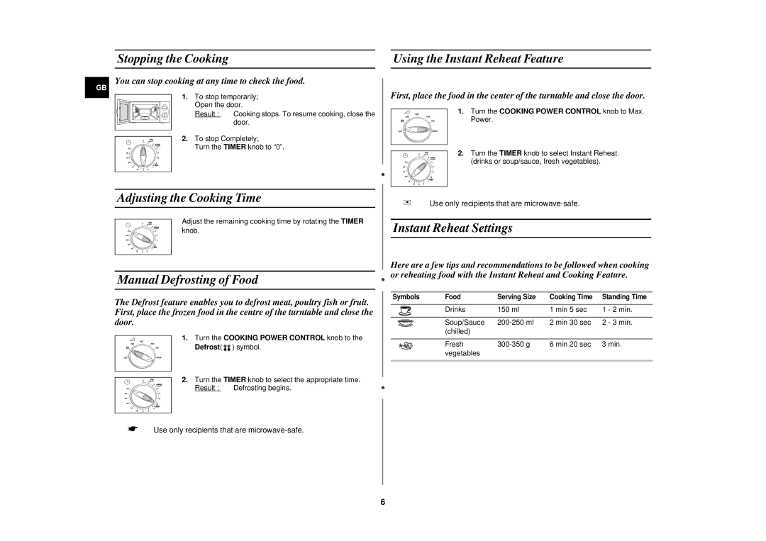 Samsung M1815N/BOL Stopping the Cooking, Adjusting the Cooking Time, Manual Defrosting of Food, Instant Reheat Settings 