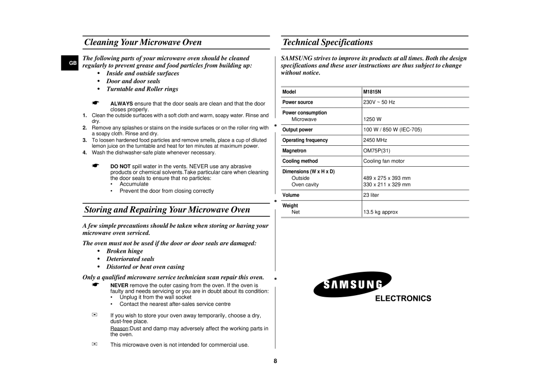 Samsung M1815N/BOL manual Cleaning Your Microwave Oven Technical Specifications, Storing and Repairing Your Microwave Oven 