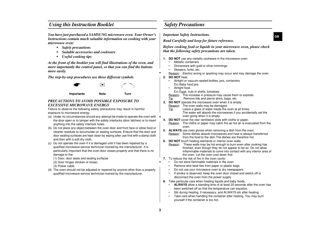 Samsung M1817N manual Using this Instruction Booklet, Safety Precautions, Importante Nota, Do not heat 