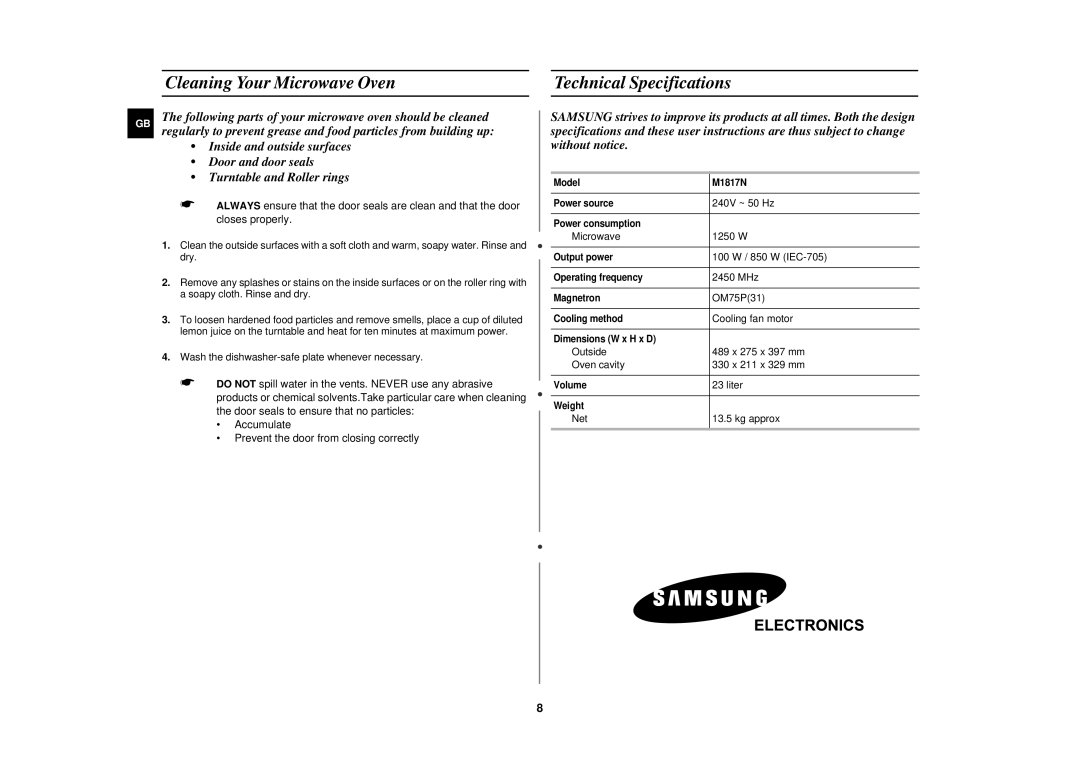 Samsung M1817N manual Cleaning Your Microwave Oven Technical Specifications 