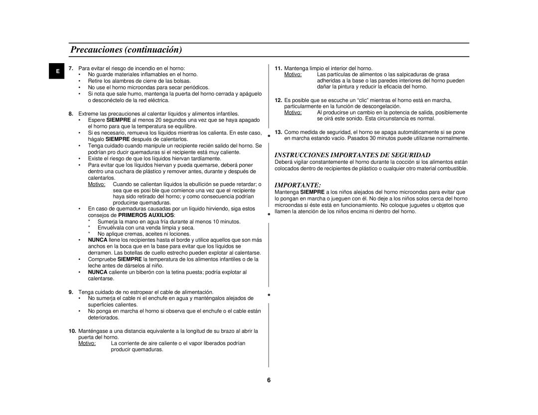 Samsung M1817N/XEC manual Precauciones continuación, Instrucciones Importantes DE Seguridad 