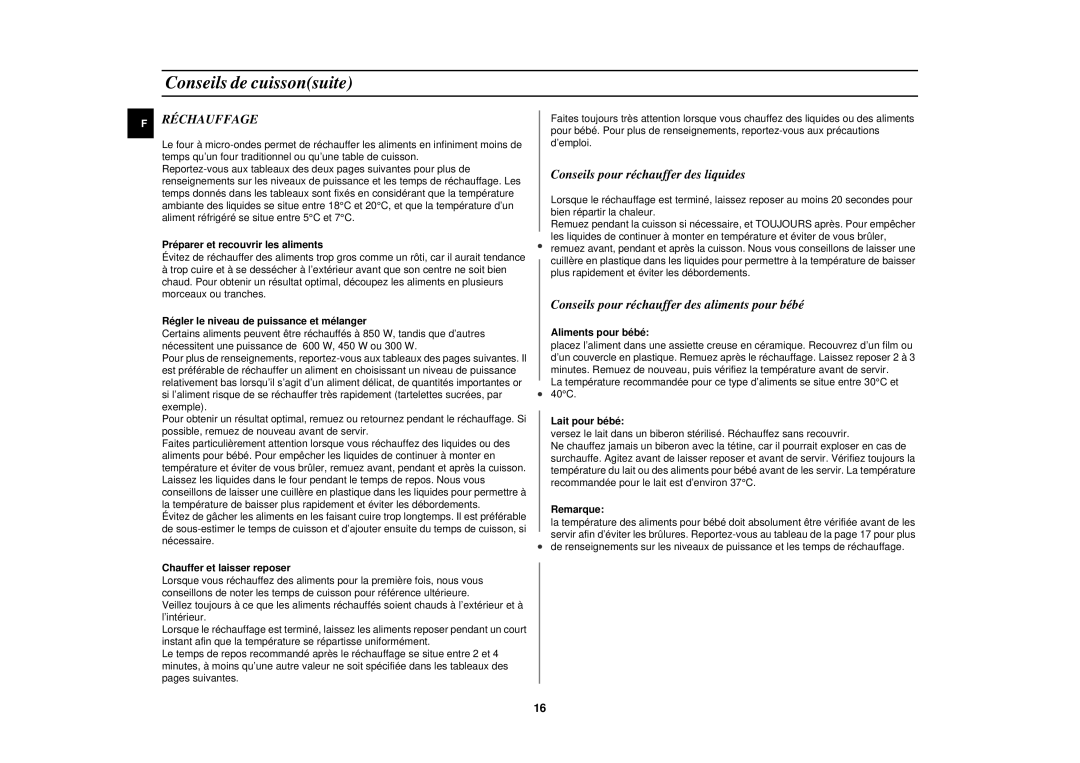 Samsung M1817N-YX/XEF, M1817N/XEF, M1817N-Y/XEF, M1817N-V/XEF, M181DN-Y/XEF, M1817N-M/XEF manual Réchauffage 