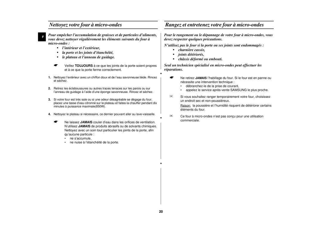 Samsung M1817N-V/XEF, M1817N/XEF manual Nettoyez votre four à micro-ondes, Rangez et entretenez votre four à micro-ondes 