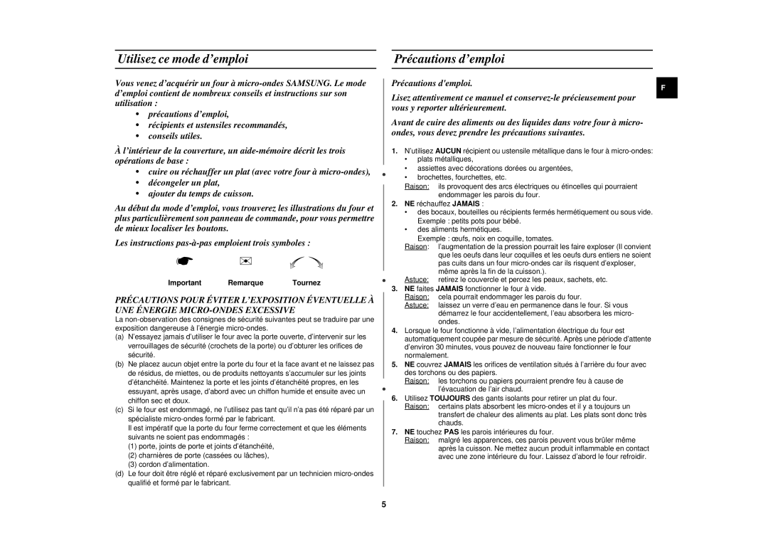 Samsung M1817N-M/XEF, M1817N/XEF, M1817N-Y/XEF Utilisez ce mode d’emploi, Précautions d’emploi, Important Remarque Tournez 